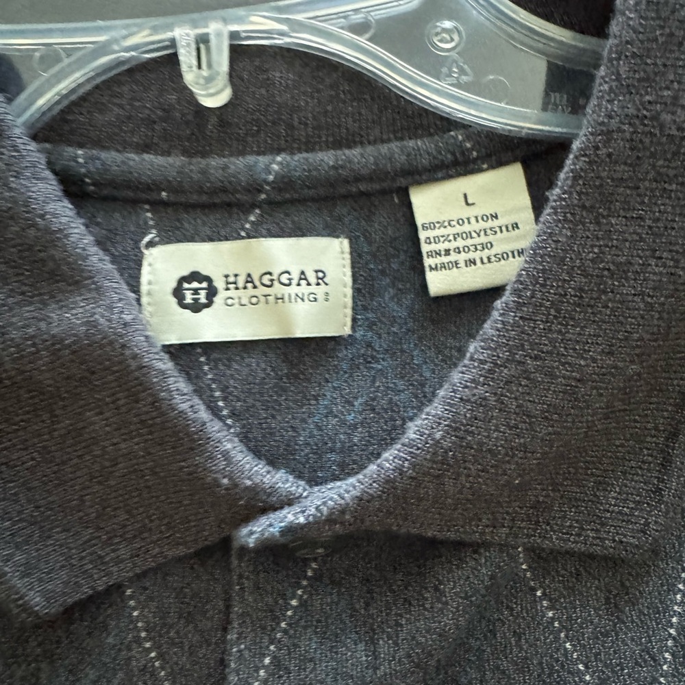 Haggar Argyle Polo Dark Gray Long Sleeve Collar Navy White Cotton Sweater Top - Picture 3 of 4